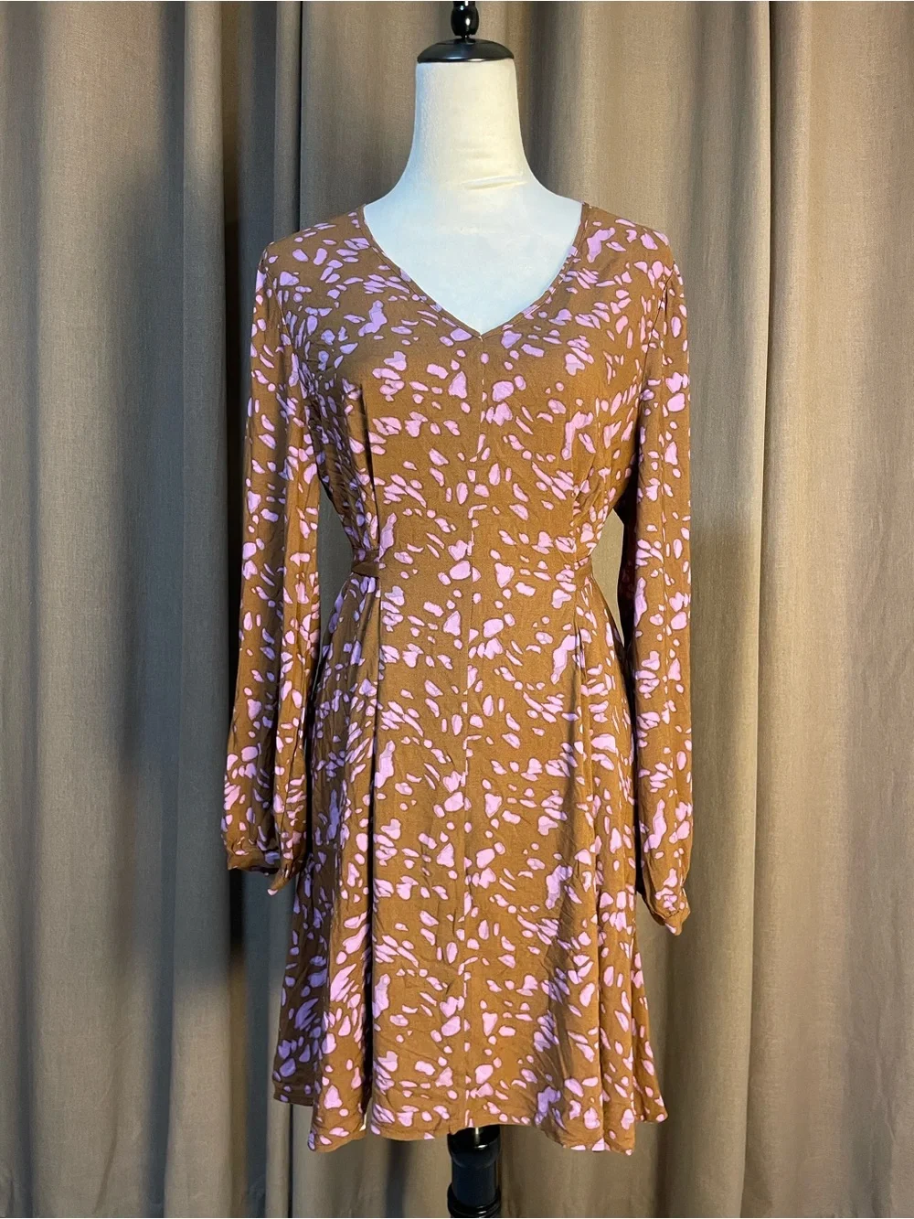 Nine West Brown Floral V-Neck Long-Sleeve Dress with Pink Print